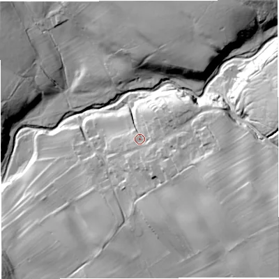 Shaded relief map of the ground around CA166LU, computed from Environment Agency LiDAR. The ground here sits at about 233 m above sea level and falls 53 m across the surrounding 800 m. Surface water reaching this point runs off ground lying to the east-south-east, 26.1 m higher.