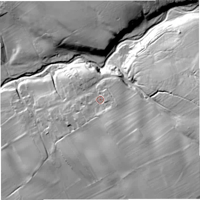 Shaded relief map of the ground around CA166LX, computed from Environment Agency LiDAR. The ground here sits at about 243 m above sea level and falls 57 m across the surrounding 800 m. Surface water reaching this point runs off ground lying to the south-east, 13.1 m higher.