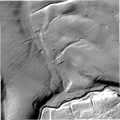 Shaded relief map of the ground around CA166LZ, computed from Environment Agency LiDAR. The ground here sits at about 229 m above sea level and falls 61 m across the surrounding 800 m. Surface water reaching this point runs off ground lying to the north-east, 42.4 m higher.