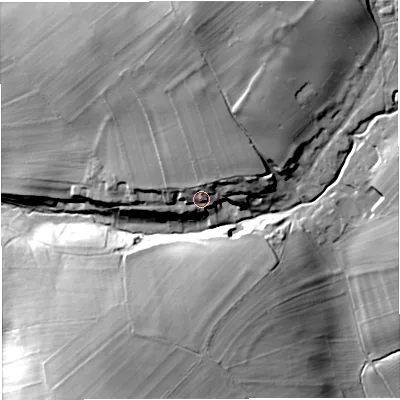 Shaded relief map of the ground around CA166NA, computed from Environment Agency LiDAR. The ground here sits at about 246 m above sea level and falls 47 m across the surrounding 800 m. Surface water reaching this point runs off ground lying to the north, 6.0 m higher.