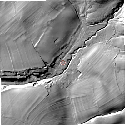Shaded relief map of the ground around CA166ND, computed from Environment Agency LiDAR. The ground here sits at about 246 m above sea level and falls 49 m across the surrounding 800 m. Surface water reaching this point runs off ground lying to the north-north-east, 33.2 m higher.