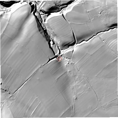 Shaded relief map of the ground around CA166NG, computed from Environment Agency LiDAR. The ground here sits at about 185 m above sea level and falls 54 m across the surrounding 800 m. Surface water reaching this point runs off ground lying to the west-south-west, 14.9 m higher.