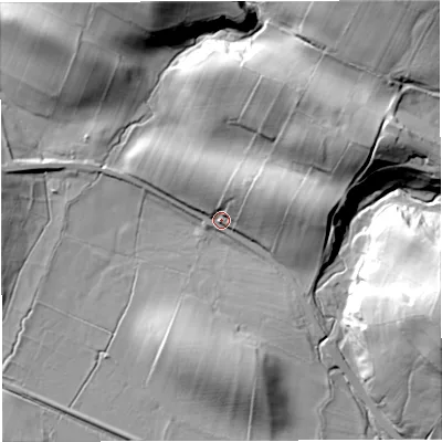 Shaded relief map of the ground around CA166NP, computed from Environment Agency LiDAR. The ground here sits at about 153 m above sea level and falls 53 m across the surrounding 800 m. Surface water reaching this point runs off ground lying to the north-east, 14.6 m higher.