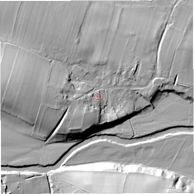Shaded relief map of the ground around CA166NR, computed from Environment Agency LiDAR. The ground here sits at about 148 m above sea level and falls 32 m across the surrounding 800 m. Surface water reaching this point runs off ground lying to the south-west, 10.9 m higher.