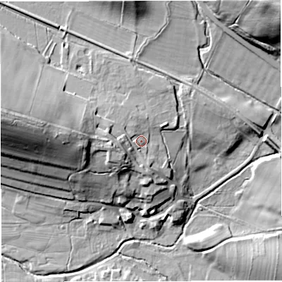 Shaded relief map of the ground around CA166PA, computed from Environment Agency LiDAR. The ground here sits at about 148 m above sea level and falls 38 m across the surrounding 800 m. Surface water reaching this point runs off ground lying to the west-south-west, 9.6 m higher.