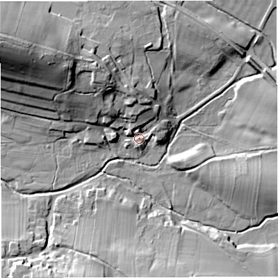 Shaded relief map of the ground around CA166PD, computed from Environment Agency LiDAR. The ground here sits at about 142 m above sea level and falls 33 m across the surrounding 800 m. Surface water reaching this point runs off ground lying to the north, 8.5 m higher.