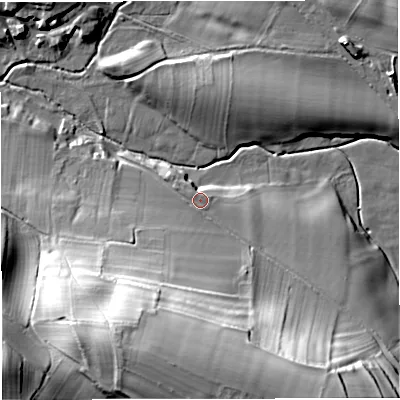 Shaded relief map of the ground around CA166PE, computed from Environment Agency LiDAR. The ground here sits at about 146 m above sea level and falls 40 m across the surrounding 800 m. Surface water reaching this point runs off ground lying to the south, 32.5 m higher.