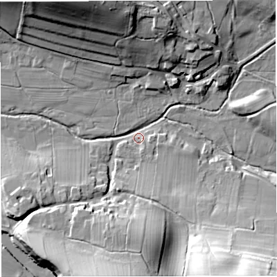 Shaded relief map of the ground around CA166PF, computed from Environment Agency LiDAR. The ground here sits at about 140 m above sea level and falls 36 m across the surrounding 800 m. Surface water reaching this point runs off ground lying to the south-east, 33.9 m higher.