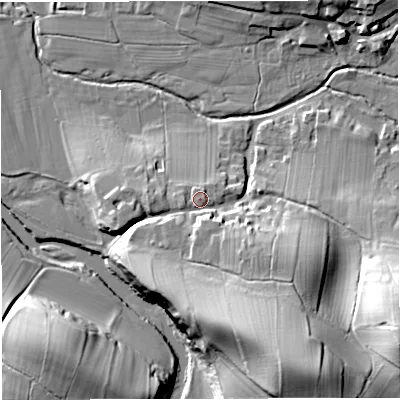 Shaded relief map of the ground around CA166PL, computed from Environment Agency LiDAR. The ground here sits at about 146 m above sea level and falls 36 m across the surrounding 800 m. Surface water reaching this point runs off ground lying to the south-south-east, 6.2 m higher.