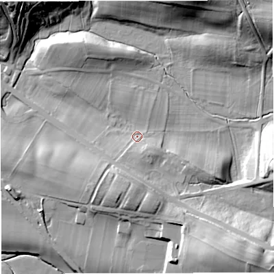 Shaded relief map of the ground around CA166PS, computed from Environment Agency LiDAR. The ground here sits at about 153 m above sea level and falls 34 m across the surrounding 800 m. Surface water reaching this point runs off ground lying to the south-south-east, 5.2 m higher.
