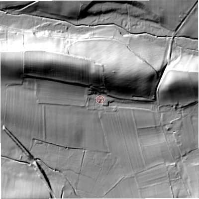Shaded relief map of the ground around CA166PT, computed from Environment Agency LiDAR. The ground here sits at about 156 m above sea level and falls 36 m across the surrounding 800 m. Surface water reaching this point runs off ground lying to the north, 24.4 m higher.
