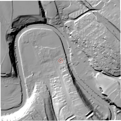 Shaded relief map of the ground around CA166QH, computed from Environment Agency LiDAR. The ground here sits at about 128 m above sea level and falls 45 m across the surrounding 800 m. Surface water reaching this point runs off ground lying to the south-east, 4.3 m higher.