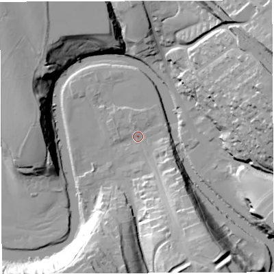 Shaded relief map of the ground around CA166QN, computed from Environment Agency LiDAR. The ground here sits at about 128 m above sea level and falls 43 m across the surrounding 800 m. Surface water reaching this point runs off ground lying to the south-south-east, 29.7 m higher.