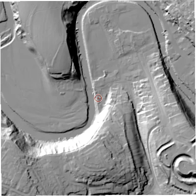 Shaded relief map of the ground around CA166QT, computed from Environment Agency LiDAR. The ground here sits at about 127 m above sea level and falls 41 m across the surrounding 800 m. Surface water reaching this point runs off ground lying to the south-east, 38.1 m higher.