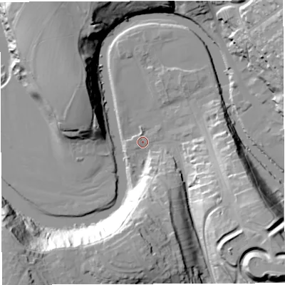 Shaded relief map of the ground around CA166QU, computed from Environment Agency LiDAR. The ground here sits at about 127 m above sea level and falls 41 m across the surrounding 800 m. Surface water reaching this point runs off ground lying to the south, 33.2 m higher.