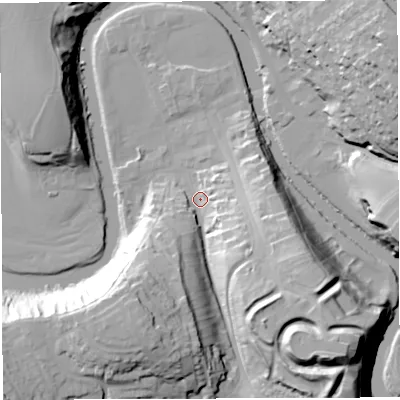 Shaded relief map of the ground around CA166RB, computed from Environment Agency LiDAR. The ground here sits at about 129 m above sea level and falls 41 m across the surrounding 800 m. Surface water reaching this point runs off ground lying to the south-east, 33.9 m higher.