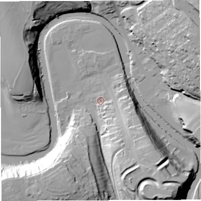 Shaded relief map of the ground around CA166RD, computed from Environment Agency LiDAR. The ground here sits at about 128 m above sea level and falls 43 m across the surrounding 800 m. Surface water reaching this point runs off ground lying to the south-south-east, 26.6 m higher.