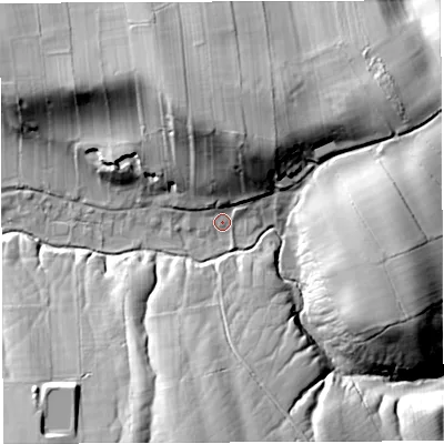 Shaded relief map of the ground around CA166TF, computed from Environment Agency LiDAR. The ground here sits at about 185 m above sea level and falls 38 m across the surrounding 800 m. Surface water reaching this point runs off ground lying to the north-north-west, 23.9 m higher.