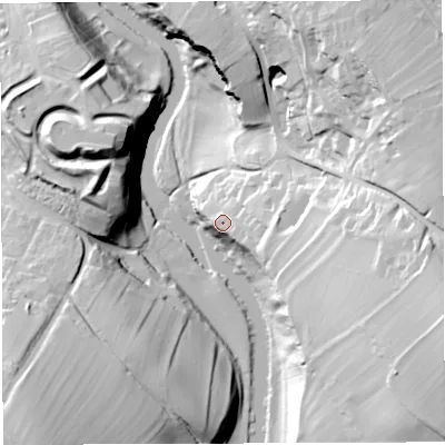 Shaded relief map of the ground around CA166UR, computed from Environment Agency LiDAR. The ground here sits at about 142 m above sea level and falls 51 m across the surrounding 800 m. Surface water reaching this point runs off ground lying to the east, 12.3 m higher.