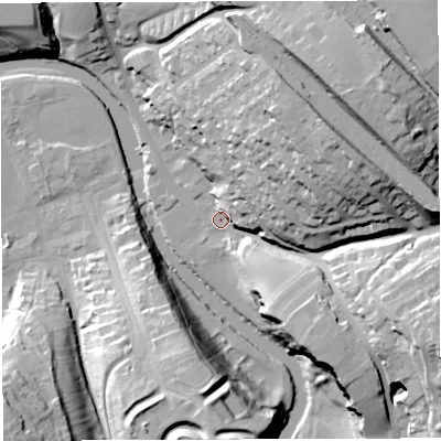 Shaded relief map of the ground around CA166WZ, computed from Environment Agency LiDAR. The ground here sits at about 129 m above sea level and falls 53 m across the surrounding 800 m. Surface water reaching this point runs off ground lying to the north-east, 38.2 m higher.