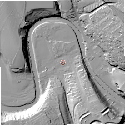 Shaded relief map of the ground around CA166XA, computed from Environment Agency LiDAR. The ground here sits at about 128 m above sea level and falls 42 m across the surrounding 800 m. Surface water reaching this point runs off ground lying to the east, 1.5 m higher.