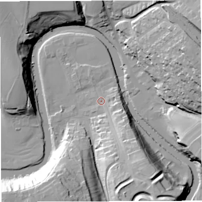 Shaded relief map of the ground around CA166XE, computed from Environment Agency LiDAR. The ground here sits at about 129 m above sea level and falls 44 m across the surrounding 800 m. Surface water reaching this point runs off ground lying to the south-south-east, 28.9 m higher.