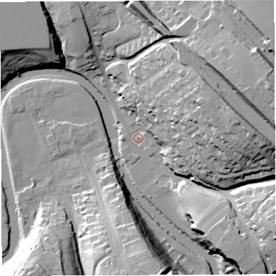 Shaded relief map of the ground around CA166XL, computed from Environment Agency LiDAR. The ground here sits at about 128 m above sea level and falls 54 m across the surrounding 800 m. Surface water reaching this point runs off ground lying to the east-north-east, 39.1 m higher.