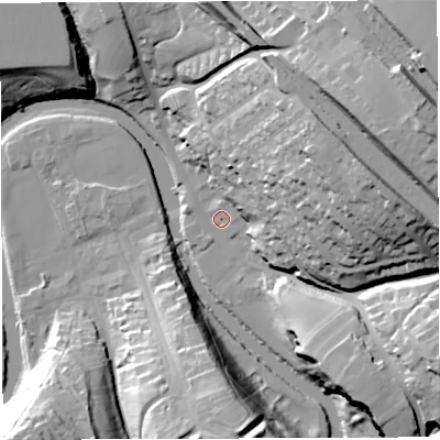 Shaded relief map of the ground around CA166XN, computed from Environment Agency LiDAR. The ground here sits at about 128 m above sea level and falls 54 m across the surrounding 800 m. Surface water reaching this point runs off ground lying to the east-north-east, 39.1 m higher.