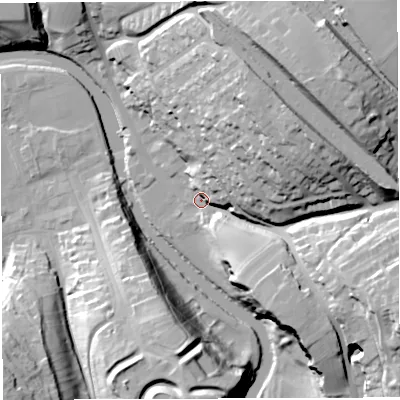 Shaded relief map of the ground around CA166XP, computed from Environment Agency LiDAR. The ground here sits at about 129 m above sea level and falls 53 m across the surrounding 800 m. Surface water reaching this point runs off ground lying to the north-east, 38.2 m higher.