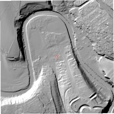 Shaded relief map of the ground around CA166YA, computed from Environment Agency LiDAR. The ground here sits at about 128 m above sea level and falls 43 m across the surrounding 800 m. Surface water reaching this point runs off ground lying to the east-south-east, 2.5 m higher.