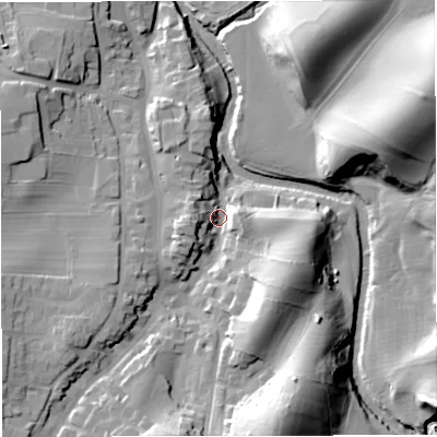 Shaded relief map of the ground around CA174AB, computed from Environment Agency LiDAR. The ground here sits at about 169 m above sea level and falls 34 m across the surrounding 800 m. Surface water reaching this point runs off ground lying to the south-south-east, 26.3 m higher.