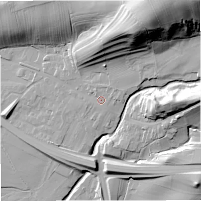 Shaded relief map of the ground around CA174AX, computed from Environment Agency LiDAR. The ground here sits at about 180 m above sea level and falls 67 m across the surrounding 800 m. Surface water reaching this point runs off ground lying to the east-north-east, 3.1 m higher.