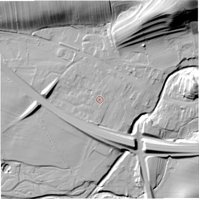 Shaded relief map of the ground around CA174BD, computed from Environment Agency LiDAR. The ground here sits at about 177 m above sea level and falls 63 m across the surrounding 800 m. Surface water reaching this point runs off ground lying to the north-east, 1.7 m higher.