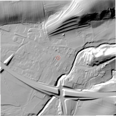 Shaded relief map of the ground around CA174BL, computed from Environment Agency LiDAR. The ground here sits at about 180 m above sea level and falls 66 m across the surrounding 800 m. Surface water reaching this point runs off ground lying to the east-north-east, 3.2 m higher.