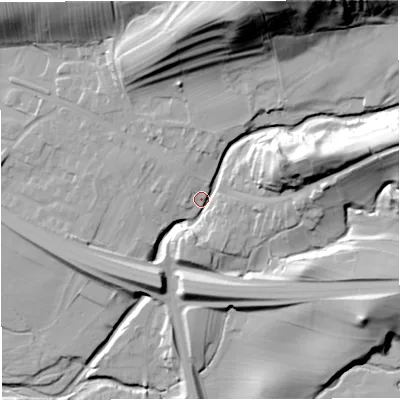 Shaded relief map of the ground around CA174BP, computed from Environment Agency LiDAR. The ground here sits at about 179 m above sea level and falls 59 m across the surrounding 800 m. Surface water reaching this point runs off ground lying to the north-east, 40.1 m higher.