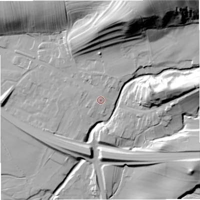 Shaded relief map of the ground around CA174BW, computed from Environment Agency LiDAR. The ground here sits at about 180 m above sea level and falls 62 m across the surrounding 800 m. Surface water reaching this point runs off ground lying to the north-east, 2.2 m higher.