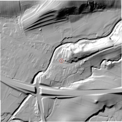 Shaded relief map of the ground around CA174BX, computed from Environment Agency LiDAR. The ground here sits at about 183 m above sea level and falls 60 m across the surrounding 800 m. Surface water reaching this point runs off ground lying to the east-north-east, 34.0 m higher.