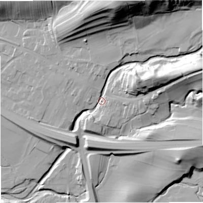 Shaded relief map of the ground around CA174BY, computed from Environment Agency LiDAR. The ground here sits at about 179 m above sea level and falls 58 m across the surrounding 800 m. Surface water reaching this point runs off ground lying to the north-north-east, 37.0 m higher.