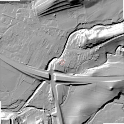 Shaded relief map of the ground around CA174BZ, computed from Environment Agency LiDAR. The ground here sits at about 180 m above sea level and falls 47 m across the surrounding 800 m. Surface water reaching this point runs off ground lying to the south-south-west, 5.6 m higher.