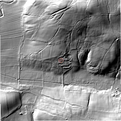 Shaded relief map of the ground around CA174DE, computed from Environment Agency LiDAR. The ground here sits at about 190 m above sea level and falls 53 m across the surrounding 800 m. Surface water reaching this point runs off ground lying to the north, 30.1 m higher.