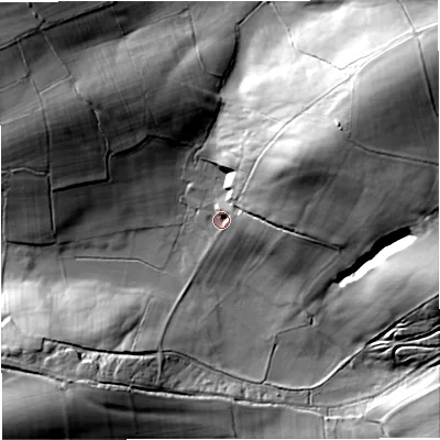Shaded relief map of the ground around CA174DF, computed from Environment Agency LiDAR. The ground here sits at about 180 m above sea level and falls 40 m across the surrounding 800 m. Surface water reaching this point runs off ground lying to the east-north-east, 5.7 m higher.