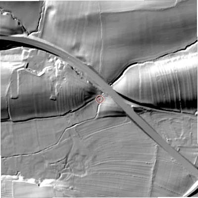 Shaded relief map of the ground around CA174DS, computed from Environment Agency LiDAR. The ground here sits at about 169 m above sea level and falls 36 m across the surrounding 800 m. Surface water reaching this point runs off ground lying to the north-west, 7.1 m higher.