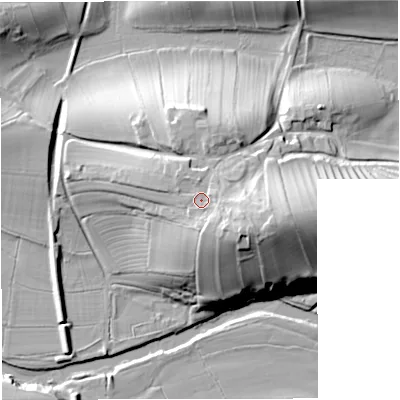 Shaded relief map of the ground around CA174DW, computed from Environment Agency LiDAR. The ground here sits at about 170 m above sea level and falls 39 m across the surrounding 800 m. Surface water reaching this point runs off ground lying to the east-south-east, 8.4 m higher.
