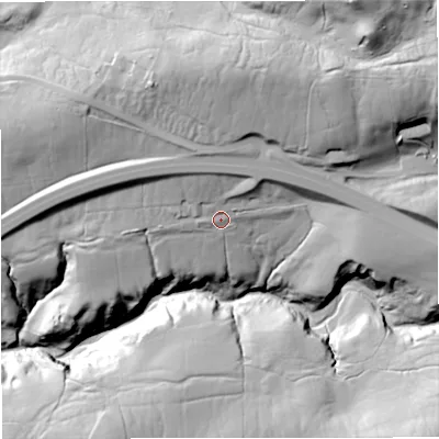 Shaded relief map of the ground around CA174DX, computed from Environment Agency LiDAR. The ground here sits at about 230 m above sea level and falls 93 m across the surrounding 800 m. Surface water reaching this point runs off ground lying to the north-north-east, 34.3 m higher.
