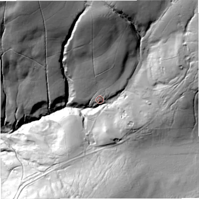 Shaded relief map of the ground around CA174EA, computed from Environment Agency LiDAR. The ground here sits at about 317 m above sea level and falls 105 m across the surrounding 800 m. Surface water reaching this point runs off ground lying to the north, 56.0 m higher.