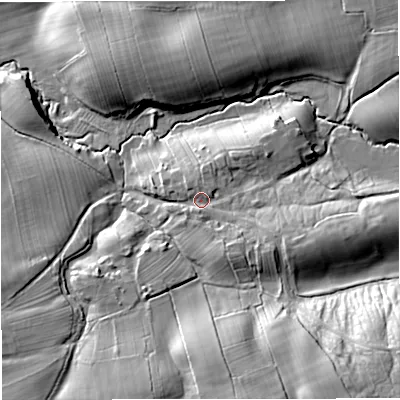 Shaded relief map of the ground around CA174EF, computed from Environment Agency LiDAR. The ground here sits at about 170 m above sea level and falls 25 m across the surrounding 800 m. Surface water reaching this point runs off ground lying to the east-south-east, 2.9 m higher.