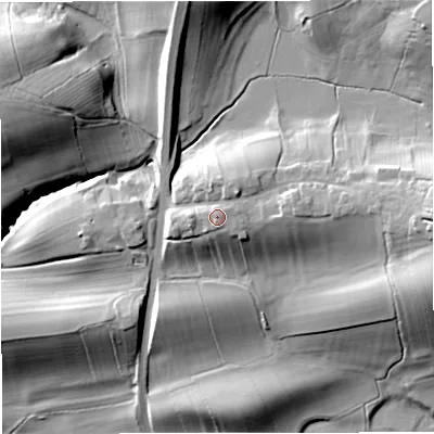 Shaded relief map of the ground around CA174EG, computed from Environment Agency LiDAR. The ground here sits at about 183 m above sea level and falls 33 m across the surrounding 800 m. Surface water reaching this point runs off ground lying to the east-north-east, 0.7 m higher.