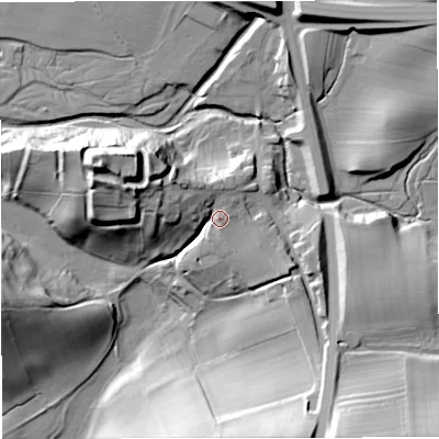Shaded relief map of the ground around CA174EJ, computed from Environment Agency LiDAR. The ground here sits at about 180 m above sea level and falls 45 m across the surrounding 800 m. Surface water reaching this point runs off ground lying to the south-east, 7.3 m higher.