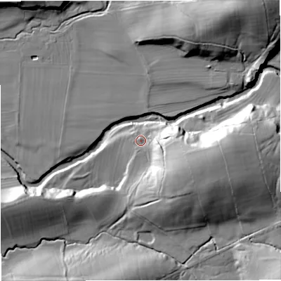 Shaded relief map of the ground around CA174ER, computed from Environment Agency LiDAR. The ground here sits at about 183 m above sea level and falls 40 m across the surrounding 800 m. Surface water reaching this point runs off ground lying to the east-south-east, 10.7 m higher.