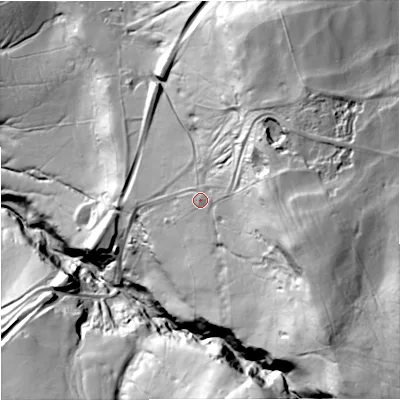 Shaded relief map of the ground around CA174ET, computed from Environment Agency LiDAR. The ground here sits at about 372 m above sea level and falls 132 m across the surrounding 800 m. Surface water reaching this point runs off ground lying to the east-south-east, 45.0 m higher.